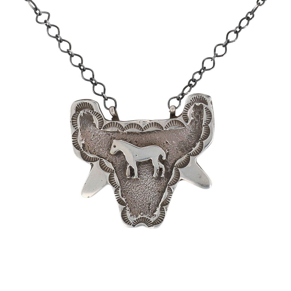 Lot 316: Emerson Kinsel Navajo Sterling Stamped Steer Head Necklace