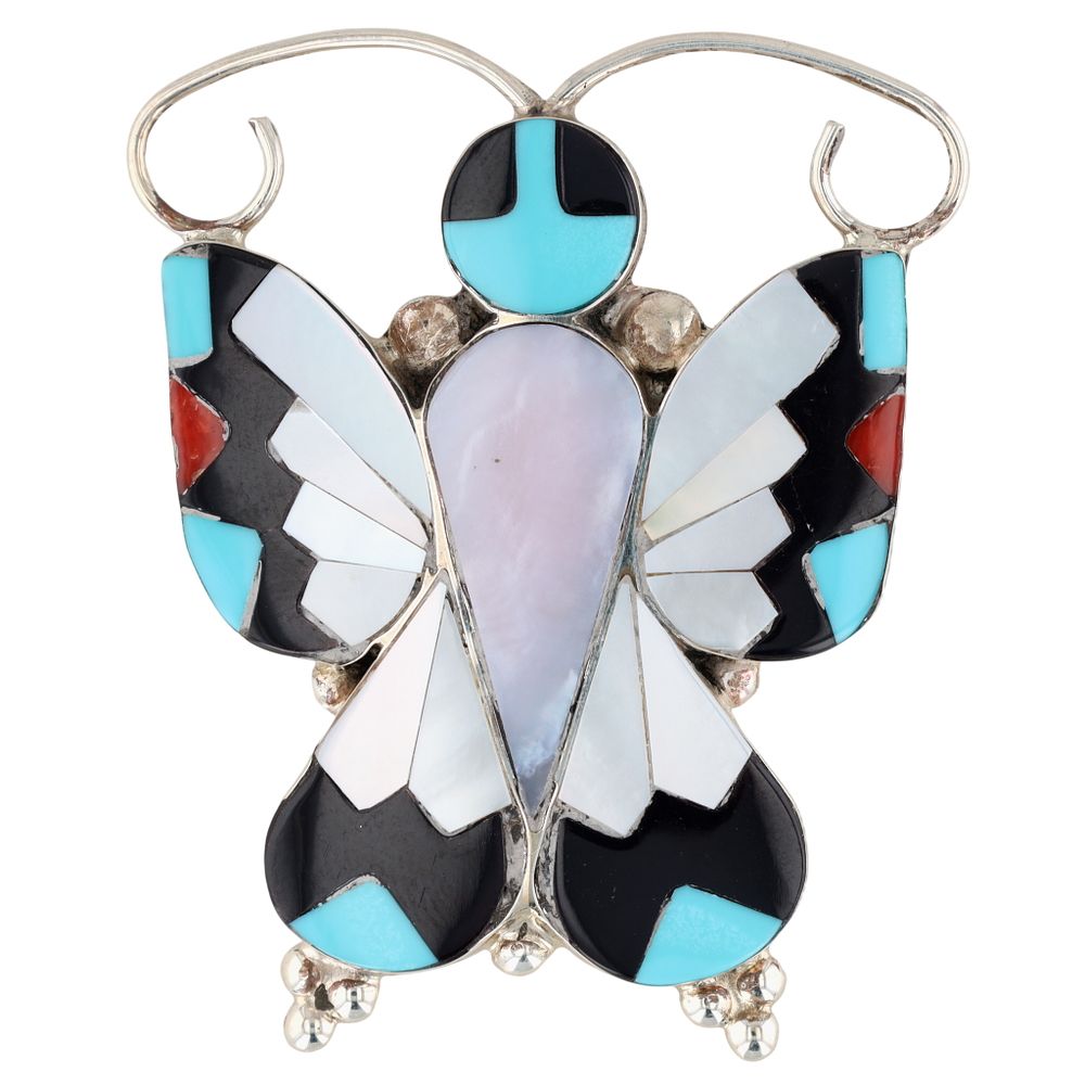 Lot 318: Allison Dishta Zuni Sterling Multi-Stone Inlay Butterfly Pendant/Brooch