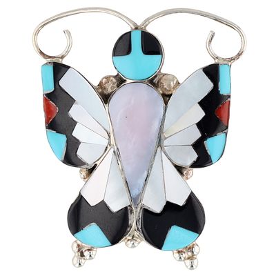 Allison Dishta Zuni Sterling Multi-Stone Inlay Butterfly Pendant/Brooch / Weight: 9.6g / 