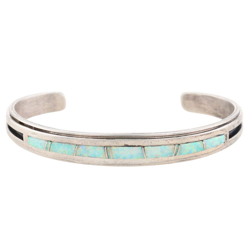 Lot 322: Signed Navajo Sterling Opal Inlay Cuff Bracelet