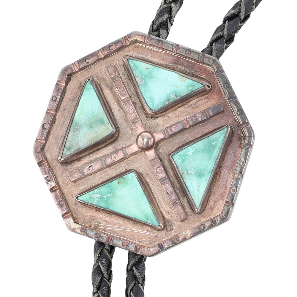 Lot 326: Signed Vintage Navajo Sterling Turquoise Bolo Tie