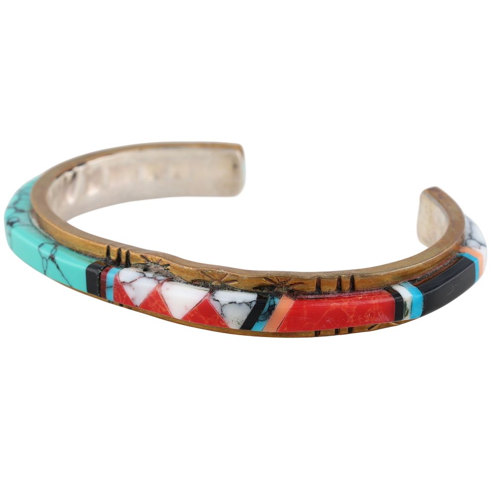 Lot 327: Signed Navajo Sterling Multi-Stone Inlay Cuff Bracelet