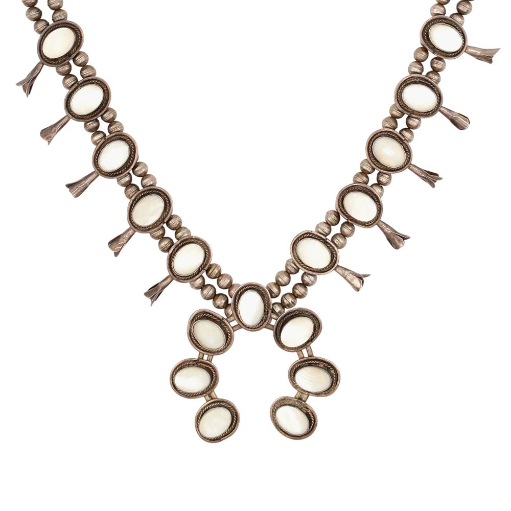 Lot 331: Vintage Signed Navajo Sterling Mother of Pearl Squash Blossom Necklace