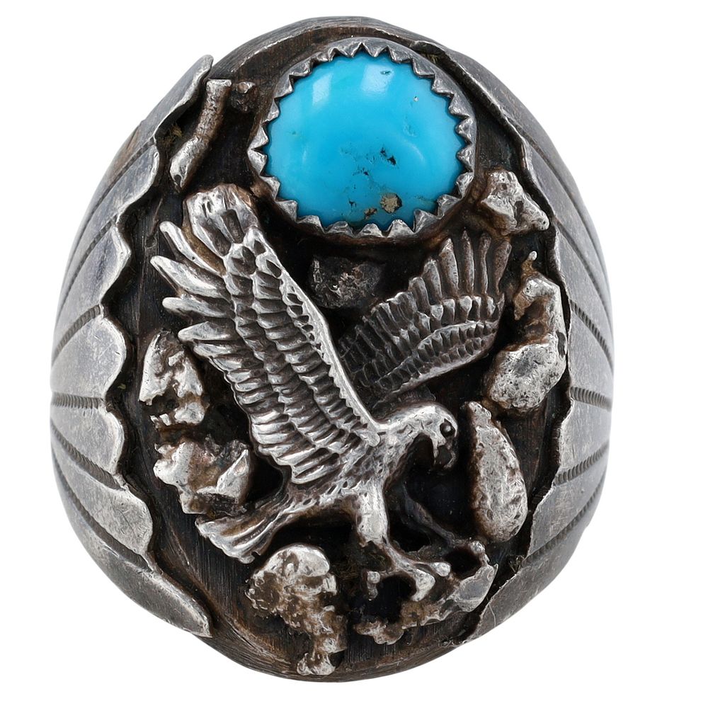 Lot 340: Navajo Sterling Turquoise Eagle Ring Sz 12