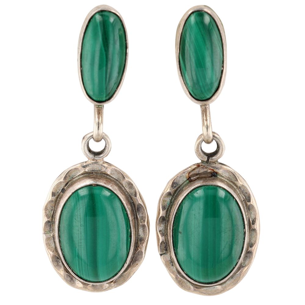 Lot 343: Running Bear Sterling Malachite Dangle Earrings