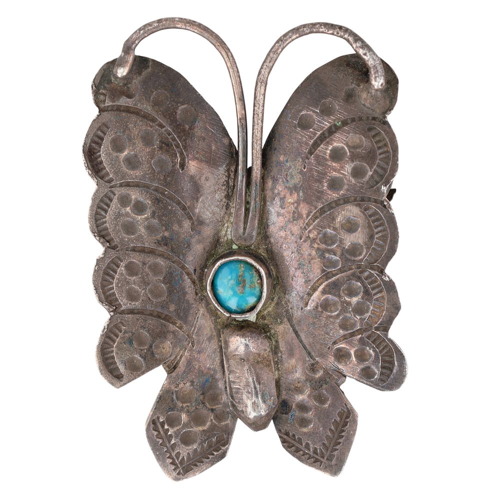 Lot 345: Vintage Navajo Sterling Turquoise Stamped Butterfly Brooch