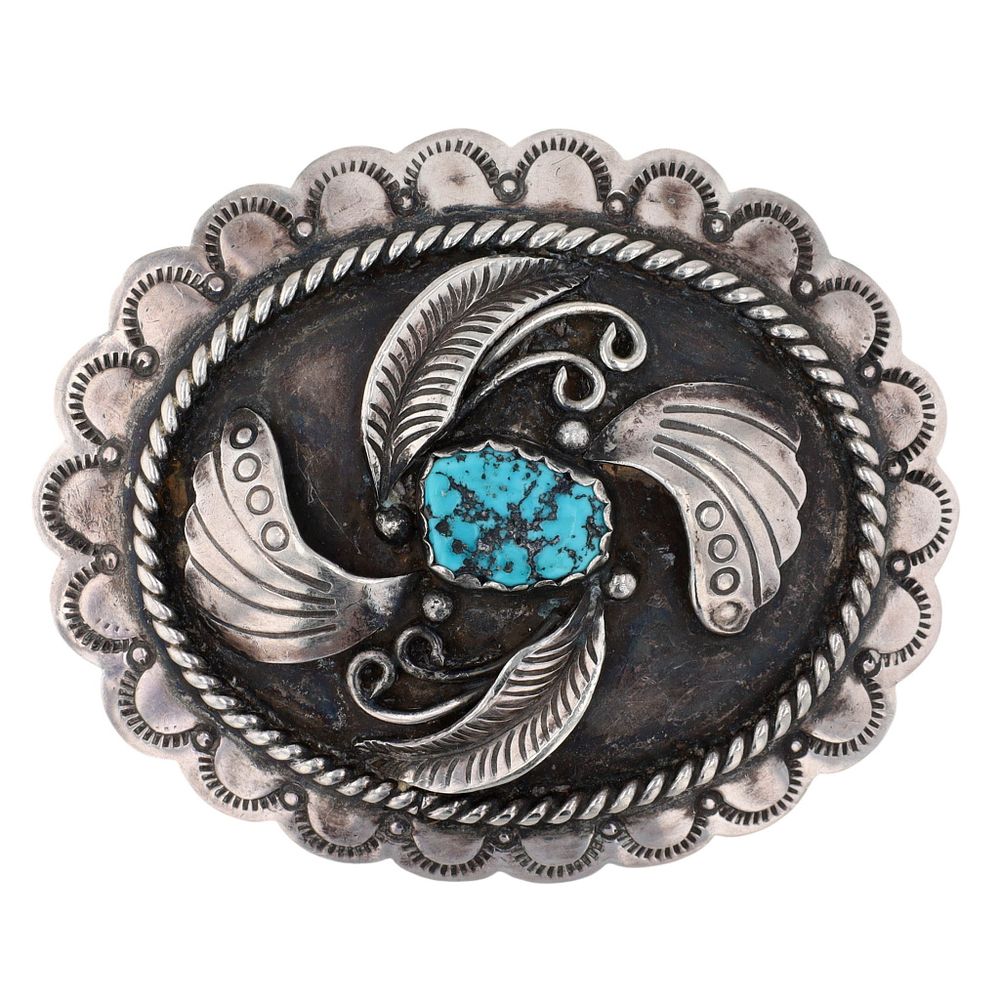 Lot 346: Vintage Navajo Sterling Turquoise Belt Buckle