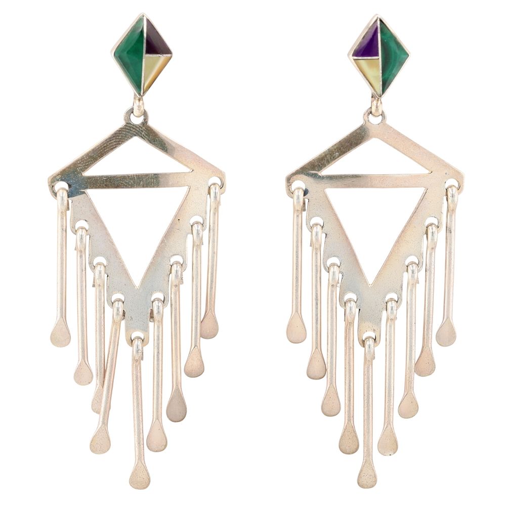 Lot 348: Navajo Sterling Multi-Stone Inlay Dangle Earrings