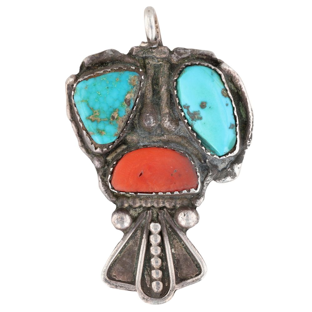 Lot 355: Vintage Navajo Sterling Turquoise Coral Pendant