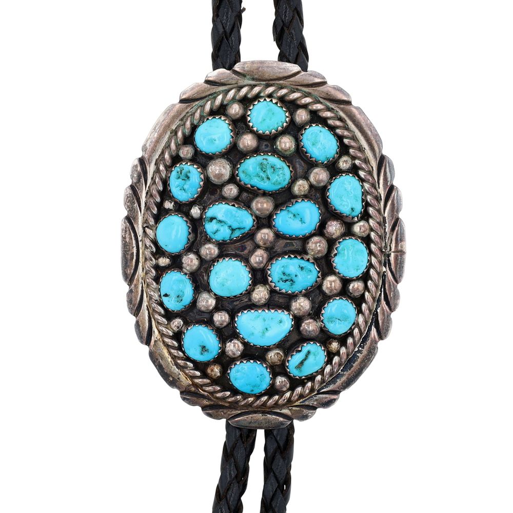 Lot 358: Vintage Jerry Cowboy Navajo Sterling Turquoise Cluster Bolo Tie
