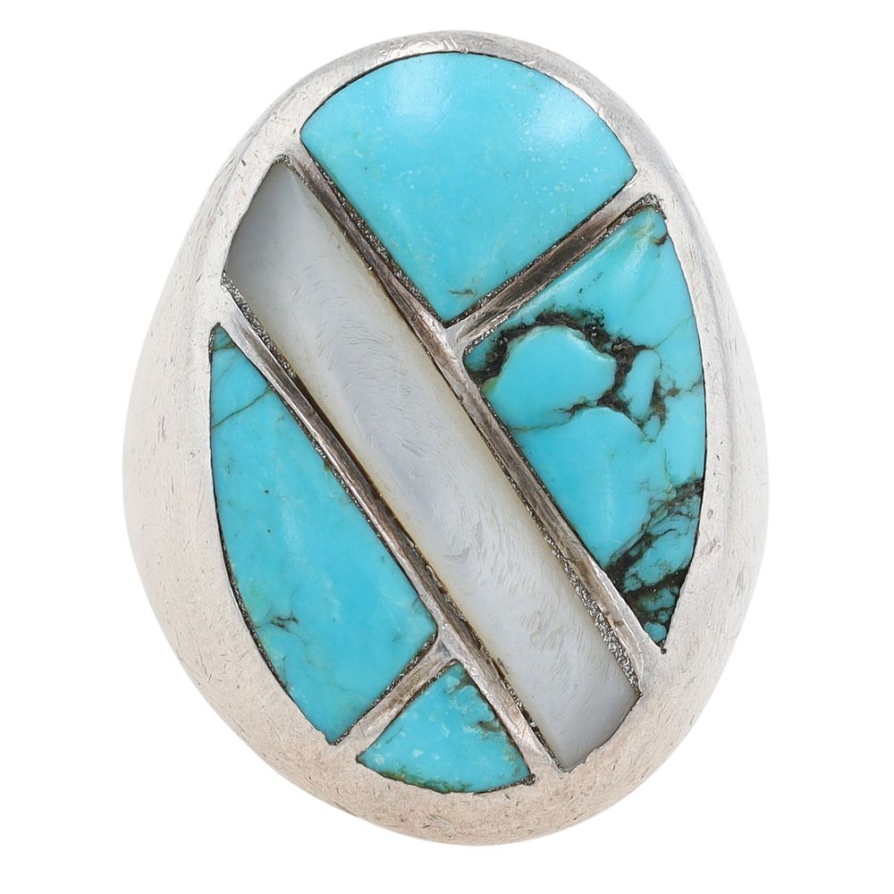 Lot 360: Vintage Navajo Sterling Multi-Stone Inlay Ring Sz 10.5