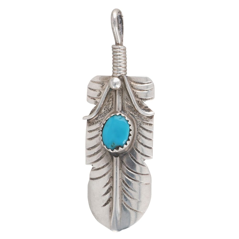 Lot 361: Signed Navajo Sterling Turquoise Feather Pendant