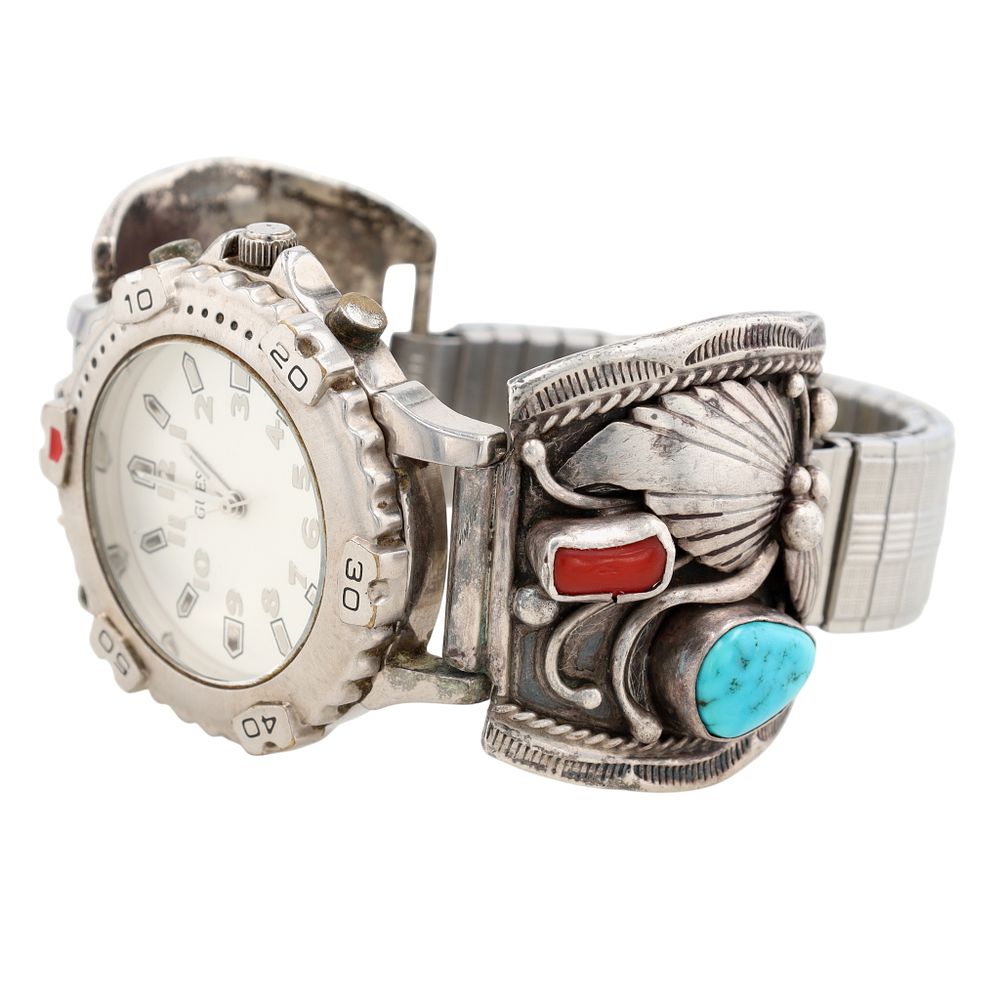 Lot 362: Vintage Signed Navajo Sterling Turquoise Coral Watch Bracelet