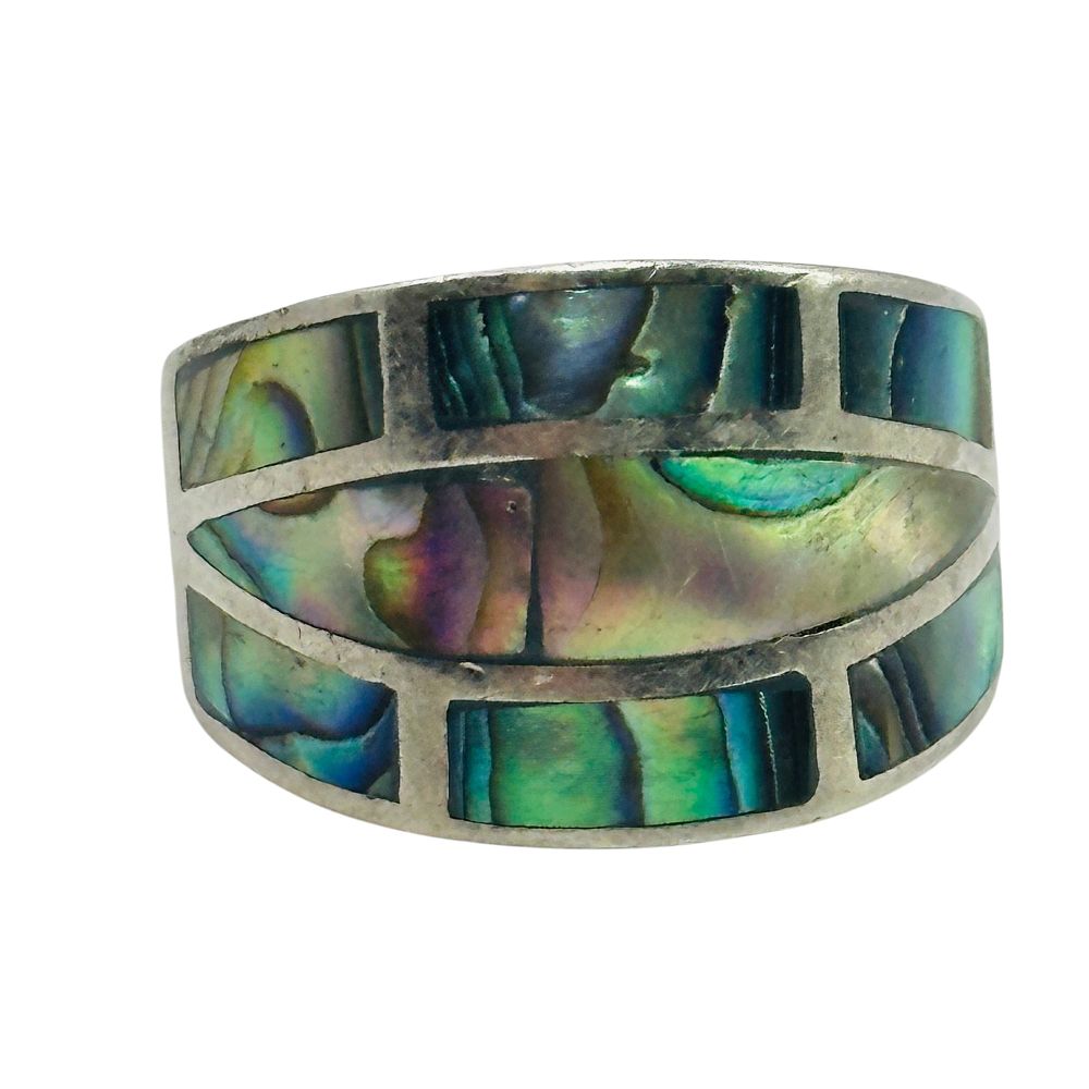 Lot 7: Signed Sterling Abalone Inlay Ring Sz 6