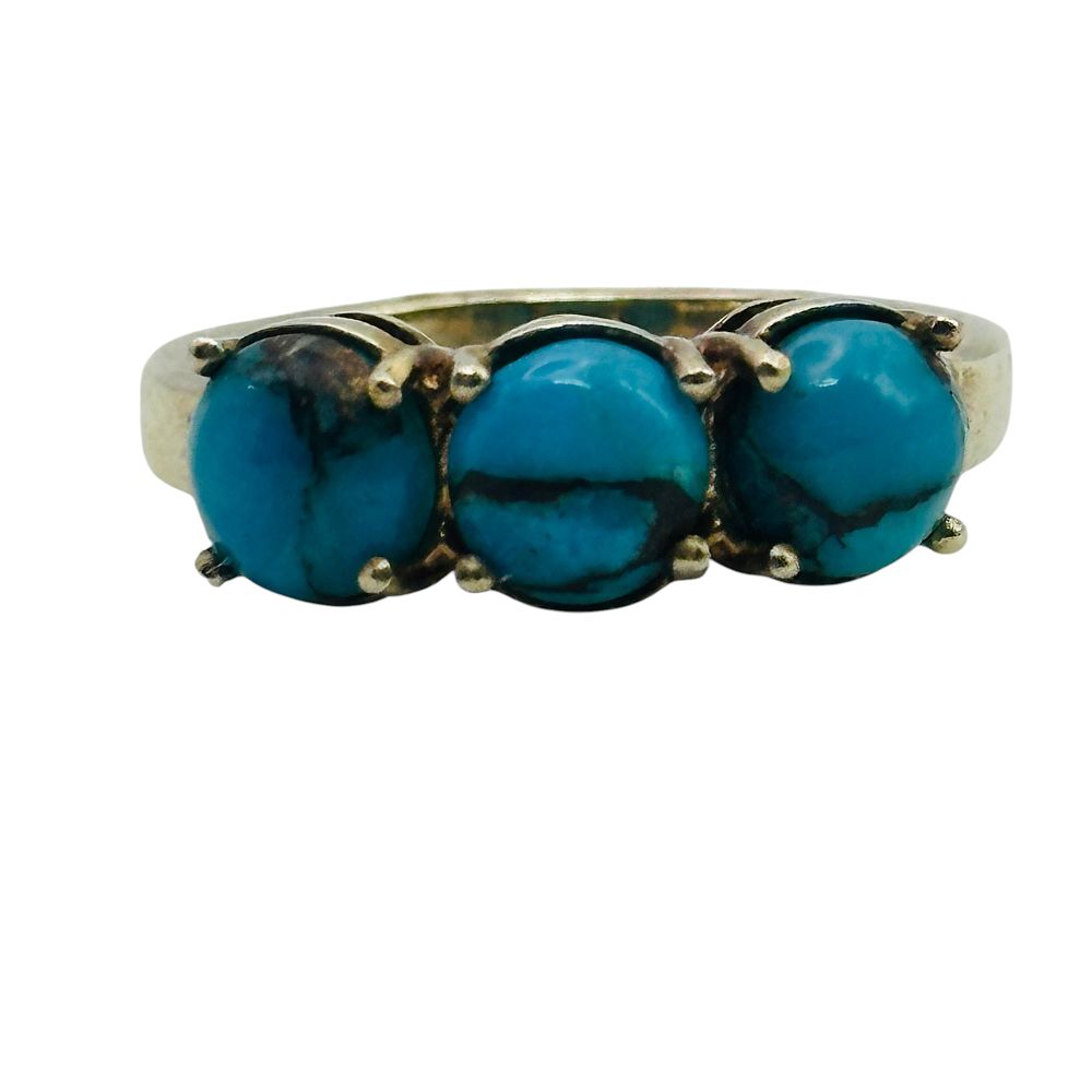 Lot 16: Sterling Turquoise Three Stone Ring Sz 6