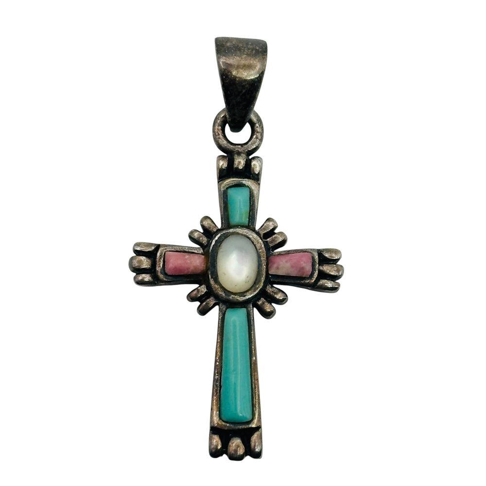 Lot 48: Sterling Turquoise Mother Of Pearl Cross Pendant