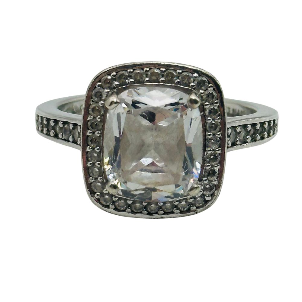 Lot 57: Sterling Cubic Zirconia Halo Set Ring Sz 8