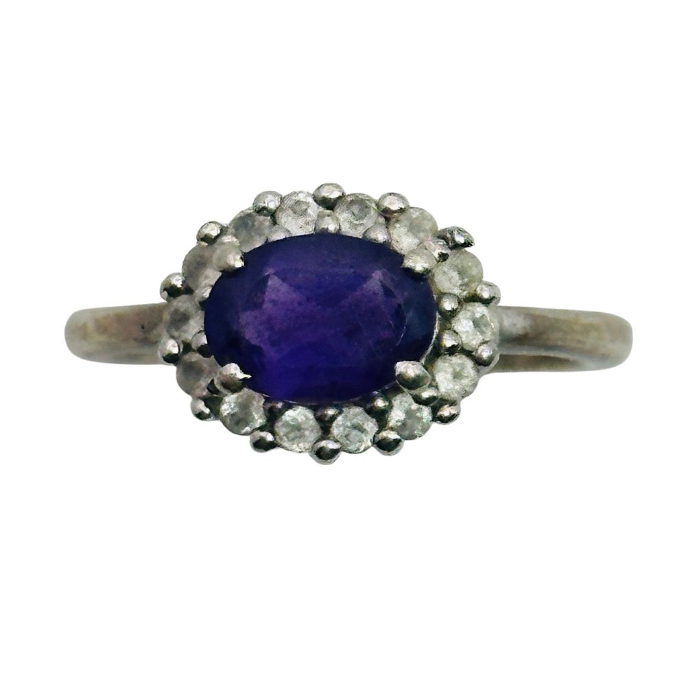 Lot 60: Signed Sterling Amethyst Halo Set Ring Sz 4