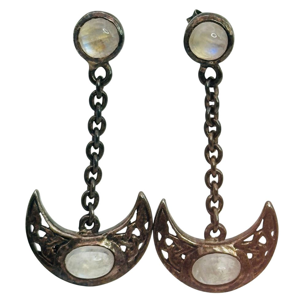 Lot 108: Sterling Moonstone Dangle Moon Earrings