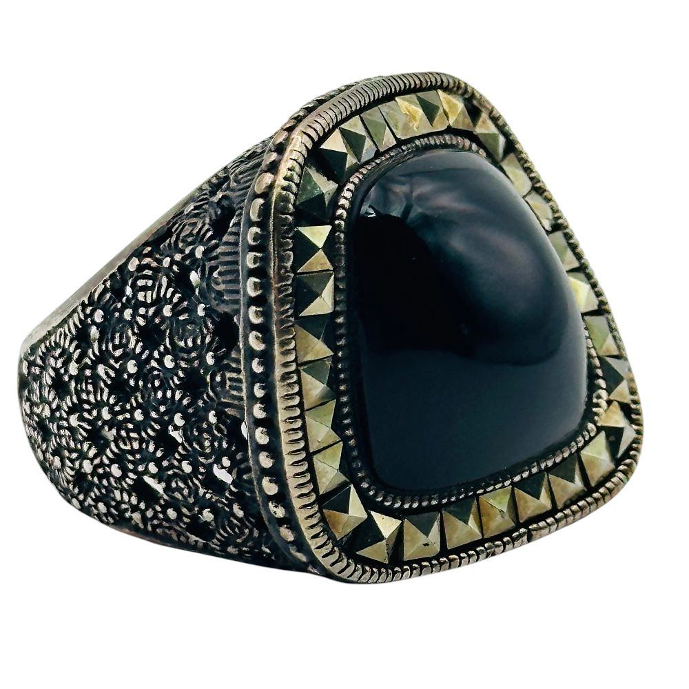 Lot 115: Sterling Marcasite Onyx Ring Sz 7.5