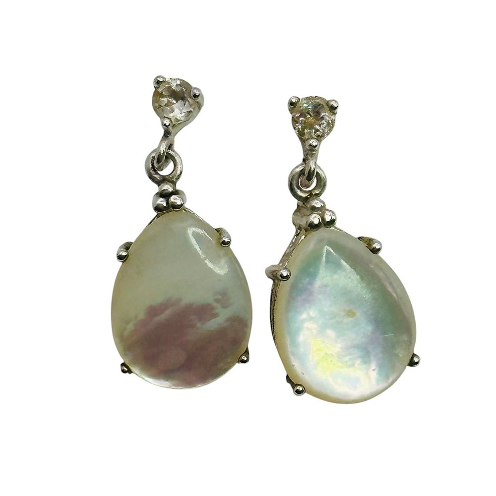 Lot 152: Sterling Mother Of Pearl Clear Spinel Earrings