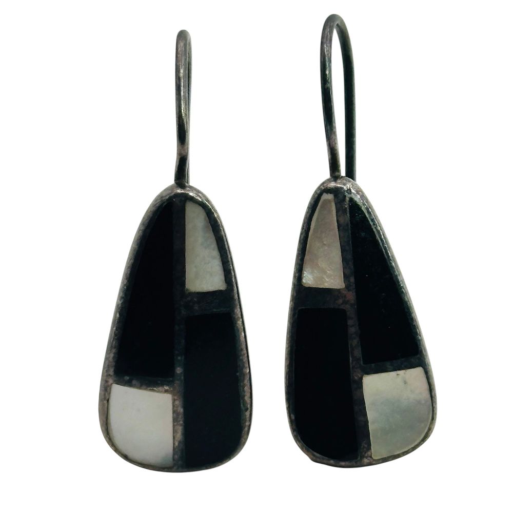Lot 193: Sterling Onyx Mother Of Pearl Earrings