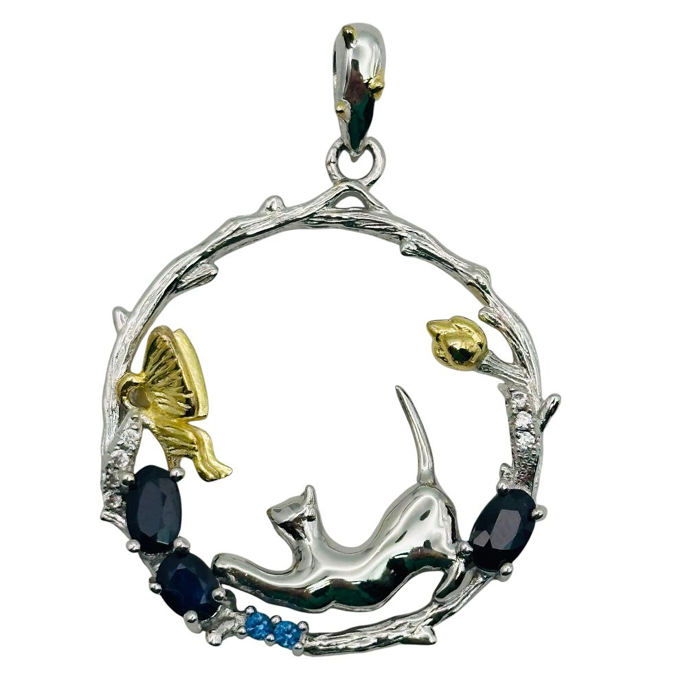Lot 225: Sterling Sapphire Cat And Butterfly Pendant