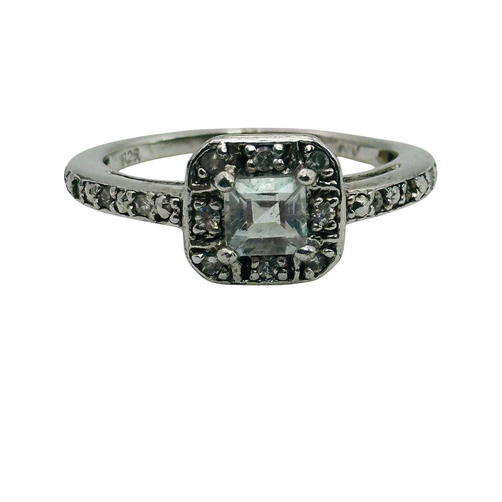Lot 240: Sterling Aquamarine Halo Set Ring Sz 7