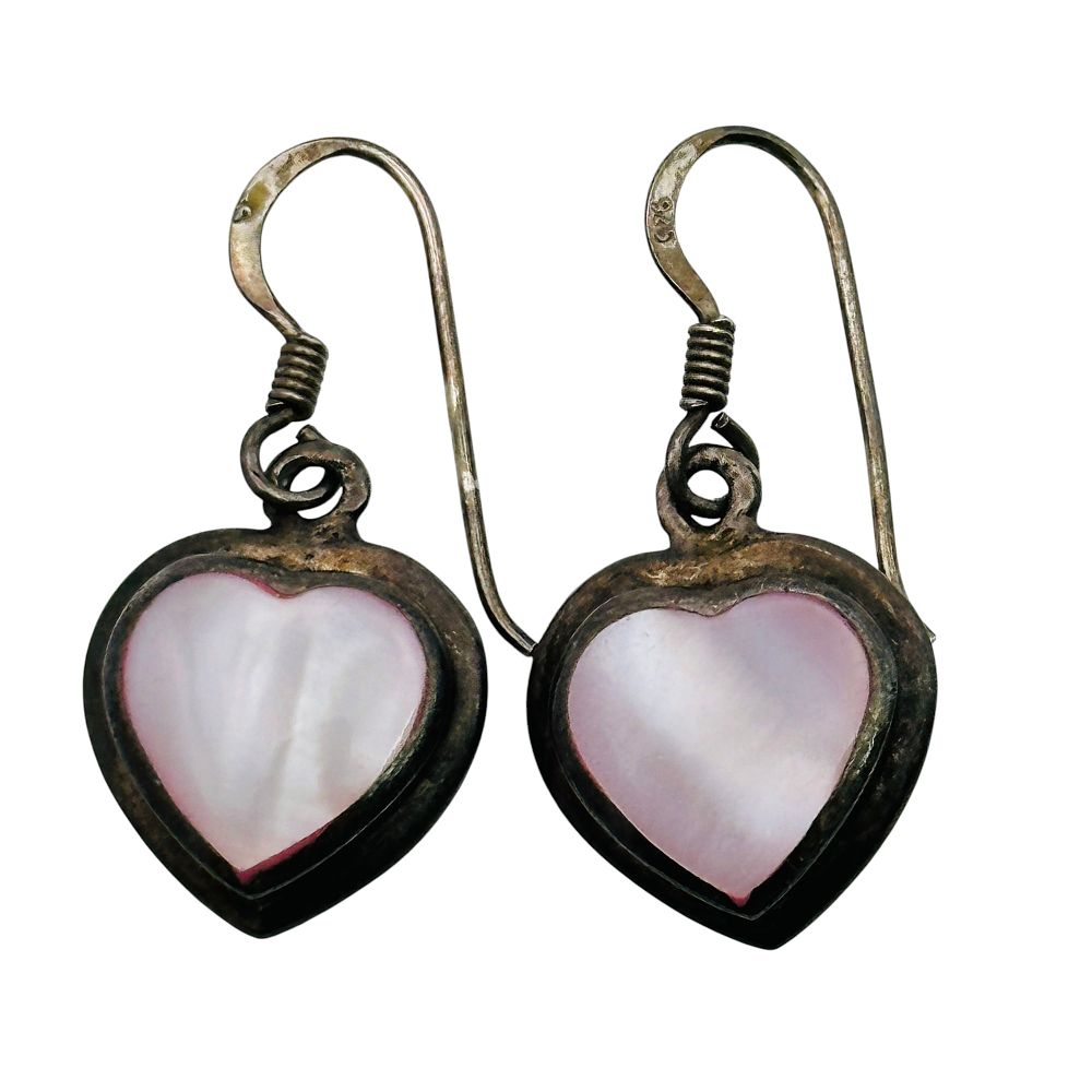 Lot 246: Signed Sterling Mother Of Pearl Heart Dangle Earrings