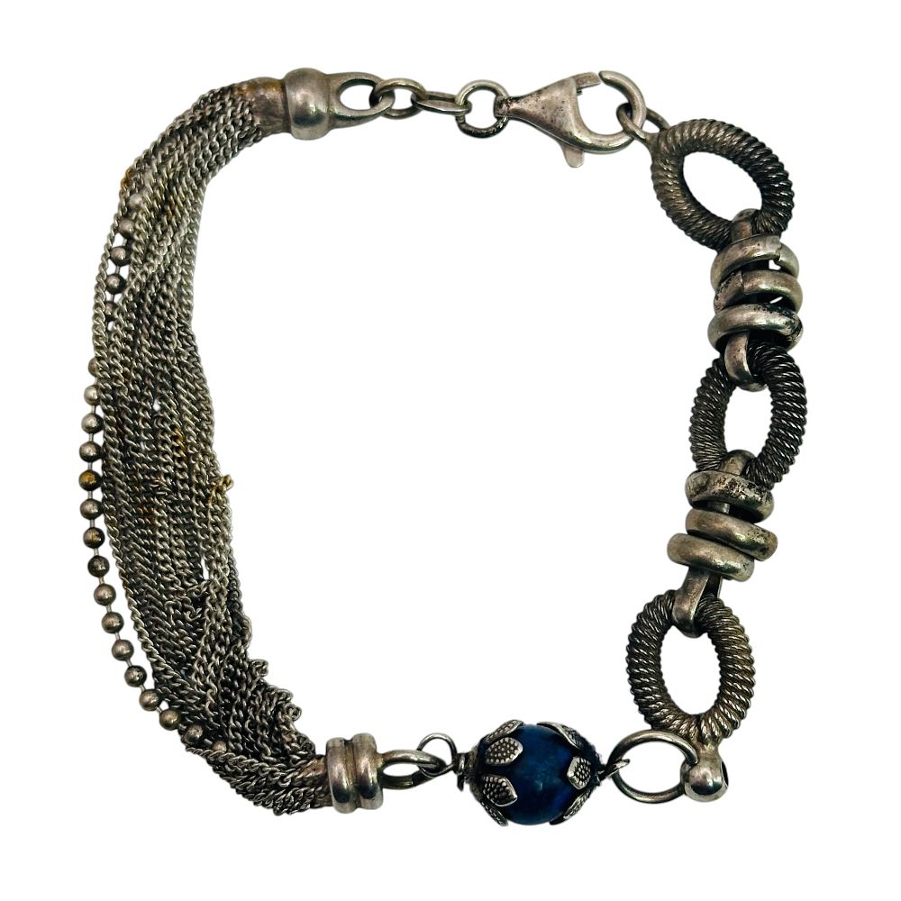 Lot 252: Sterling Lapis Lazuli Curb Bead Chain Bracelet