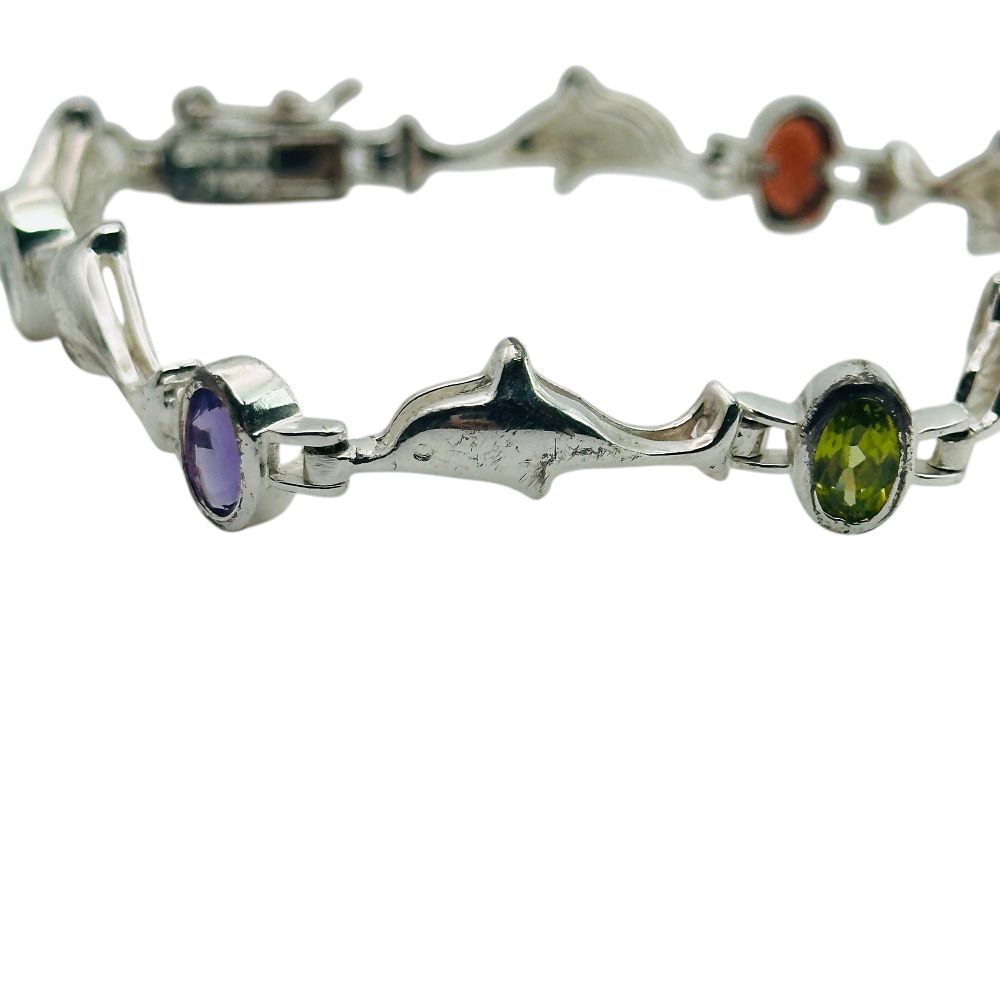 Lot 294: Signed Sterling Multi Gem Dolphin Bracelet