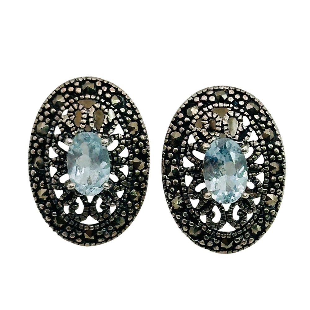 Lot 317: Sterling Topaz Marcasite Oval Earrings