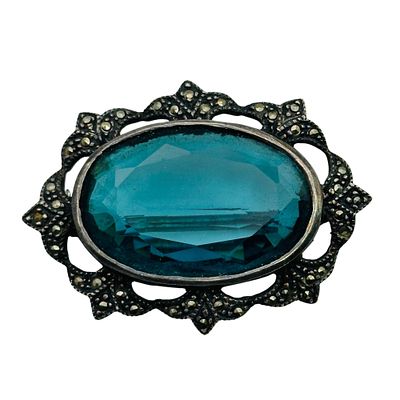 Vintage Sterling Marcasite Blue Stone Brooch. Vintage Sterling marcasite blue stone brooch 12.0g