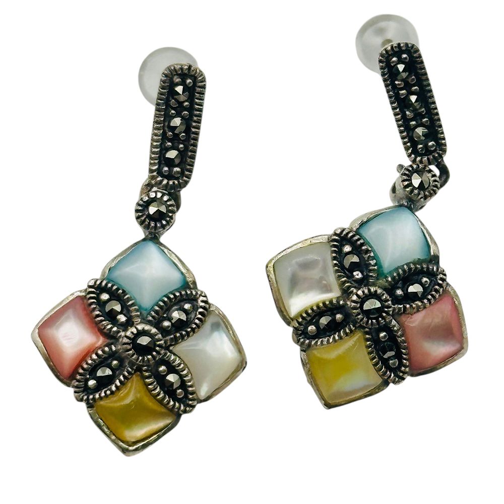 Lot 362: Sterling Mother Of Pearl Marcasite Earrings