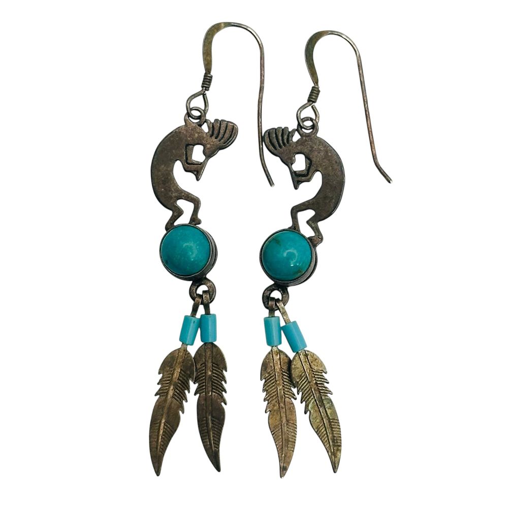 Lot 370: SW Sterling Turquoise Dangle Feather Earrings