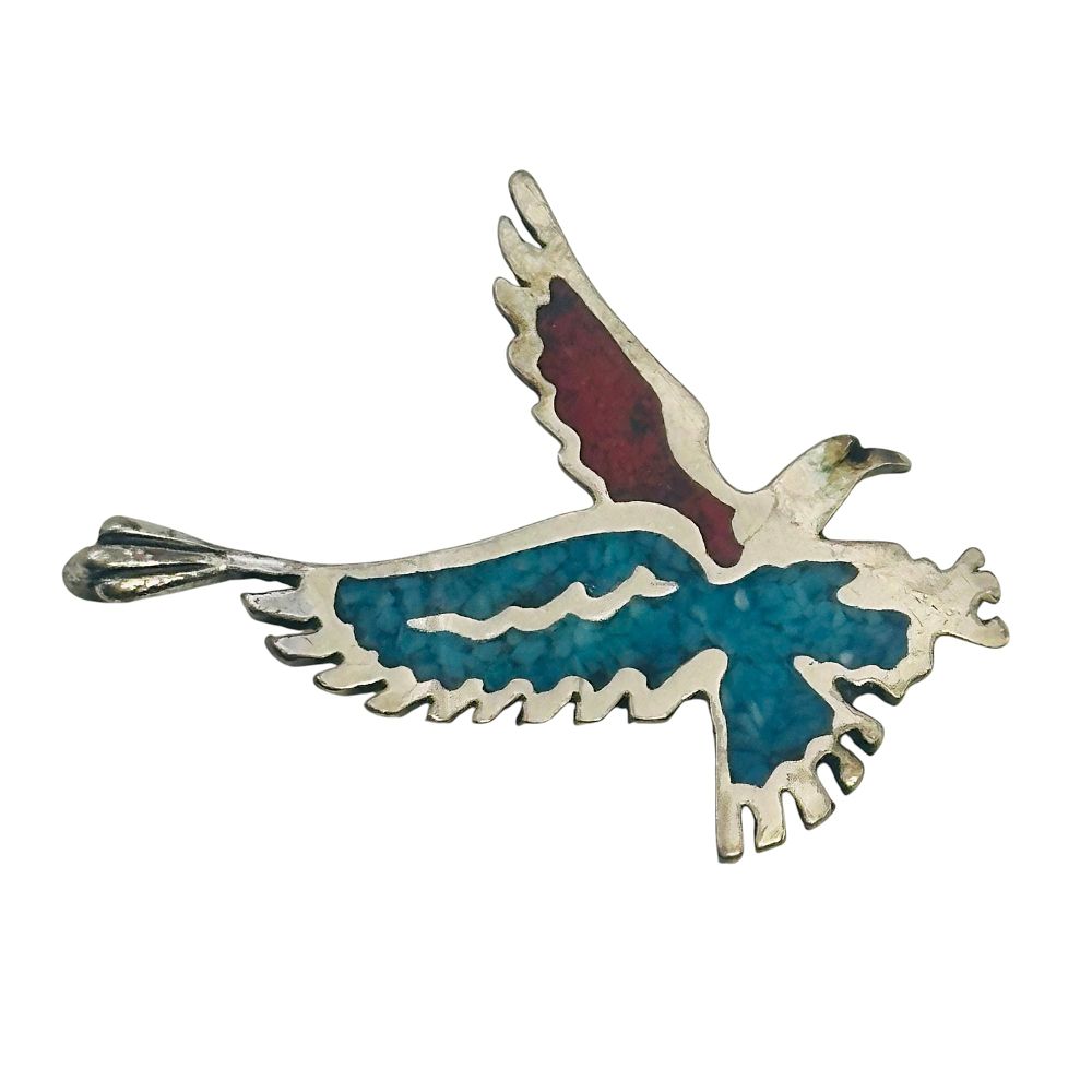 Lot 409: WMCO Sterling Inlay Turquoise Coral Bird Pendant
