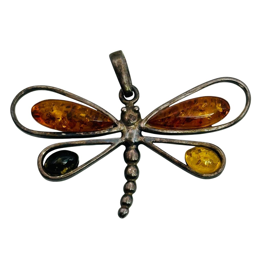 Lot 485: Sterling Amber Dragonfly Pendant