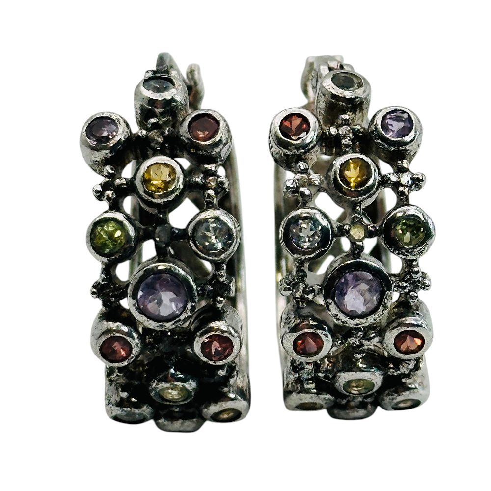 Lot 490: Signed Sterling Multi Gem Hoop Earrings