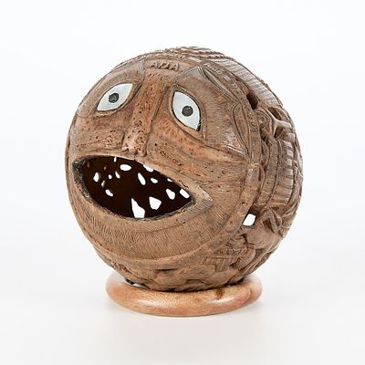 Mexican Folk Art Bugbear Carved Coconut Shell. Mexican folk art carved coconut shell bugbear