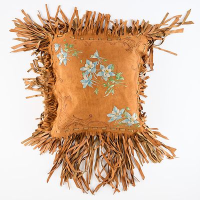 Vintage Painted "Telluride, CO" Leather Pillow. Vintage suede or leather throw pillow depicting