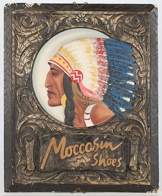 Vintage "Moccasin Shoes" Painted Advertisement. Vintage "Moccasin Shoes" painted wood carved