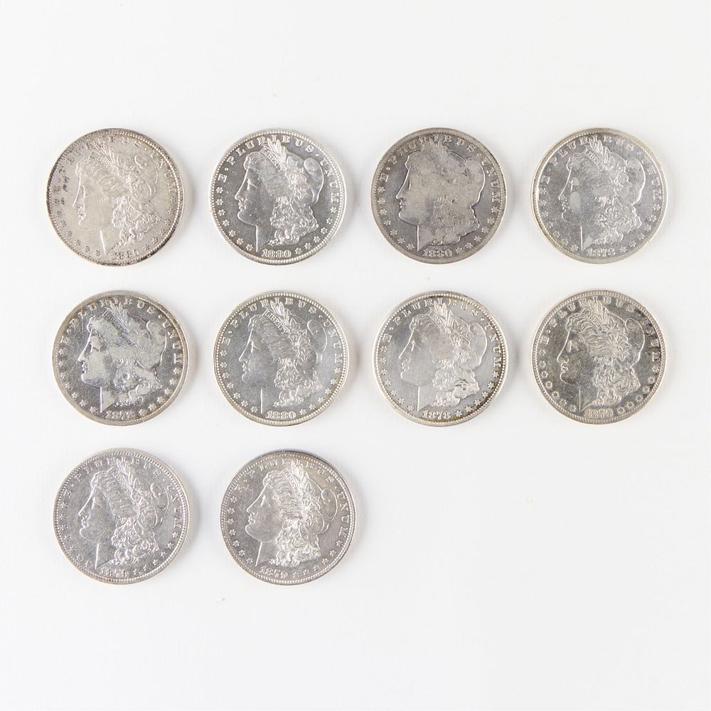 Grp 9 1878-1880 Morgan Silver Dollars. Group of nine Morgan silver dollars from 1878-1880 