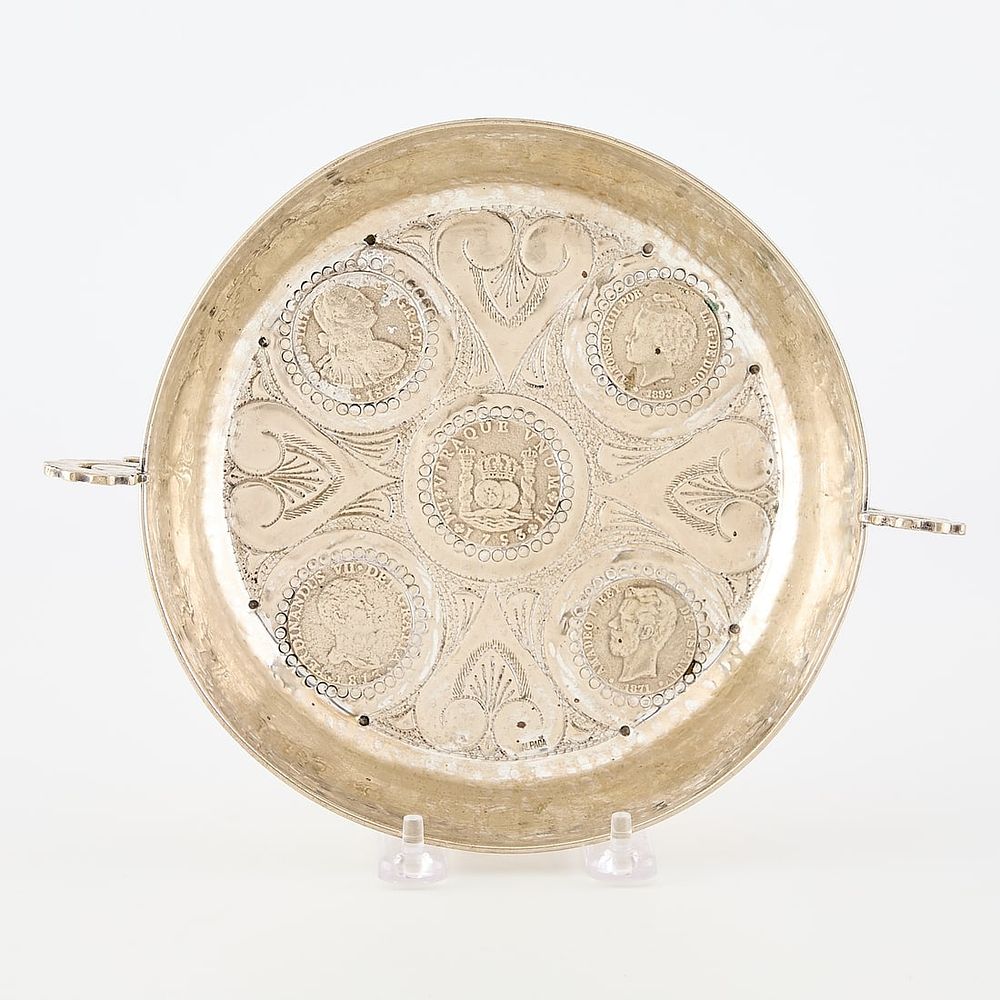 Spanish Colonial Coin Alpaca Silver Dish. Alpaca silver two handled dish featuring three 