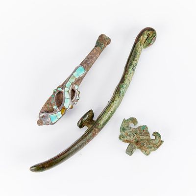 3 Pcs Chinese Bronze - Belt Hooks & Fitting. Group of three Chinese bronze pieces including two 