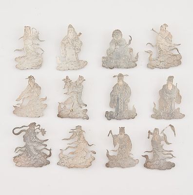 12 Chinese Silver Figural Place Card Holders. Group of twelve Chinese and twelve figural place 
