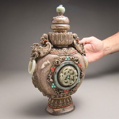 19th c. Chinese Inlaid Silver & Jade Vase. Chinese Mongolian repousse silver vase with inlaid 