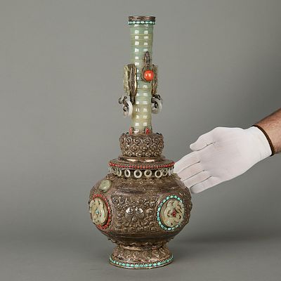 19th c. Chinese Inlaid Silver & Jade Vase. Chinese Mongolian repousse silver vase with inlaid 