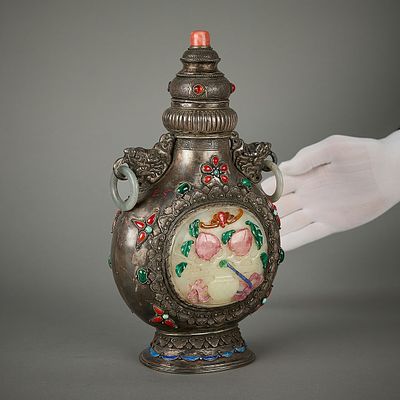 19th c. Chinese Inlaid Silver & Jade Moon Flask. Chinese Mongolian inlaid silver vase of a 