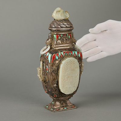 19th c. Chinese Silver & Jade Inlaid Vase. Chinese Mongolian-style silver vase with inlaid jade 
