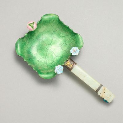 20th c. Chinese Cloisonne Enamel & Jade Vessel. Chinese enameled cloisonne brush washer or ladle 